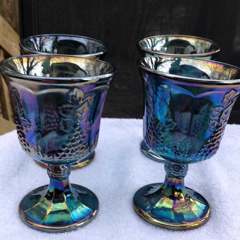 Vintage Blue Iridescent Harvest Grapes Wine Goblets Set of 4